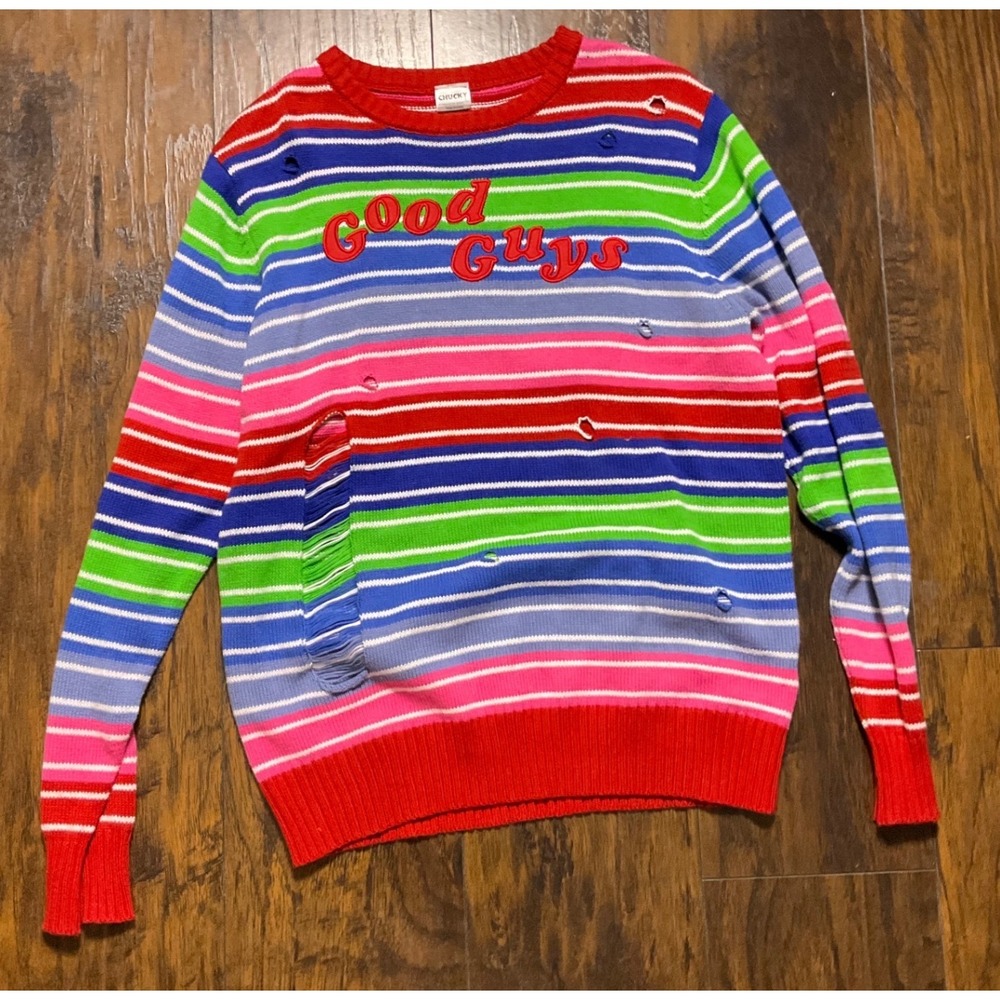 Chucky Childs Play Good Guys Striped Distressed Sweater Large Horror Movie Top